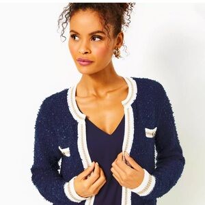 Lilly Pulitzer Blue and White Cardigan with Cat Motifs